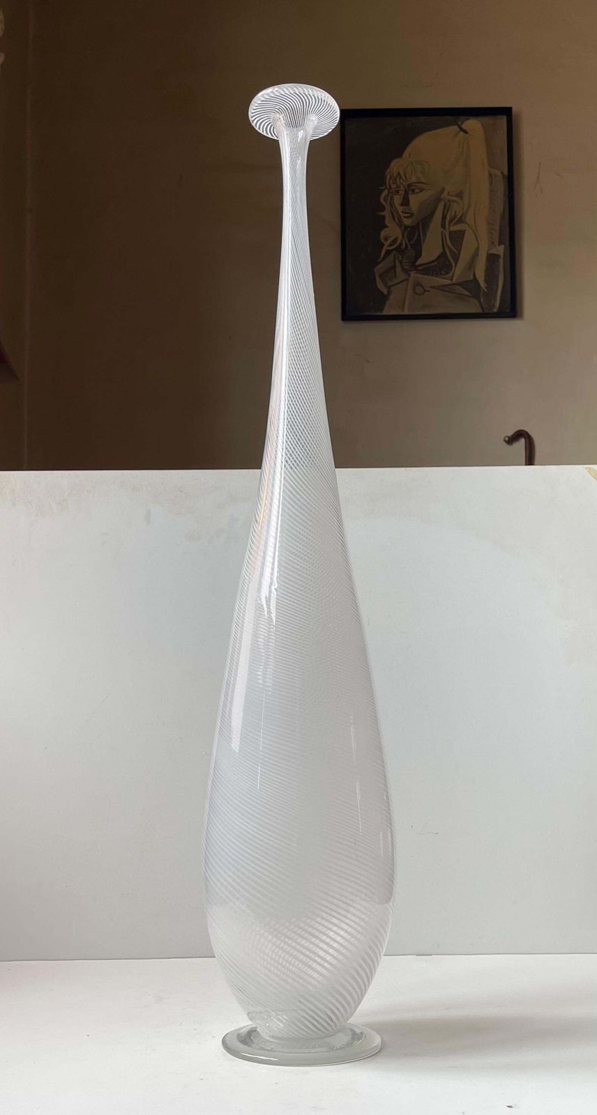 Tall & Lean White Swirl Art Glass Vase In The Style Of Dino Martens photo furniture