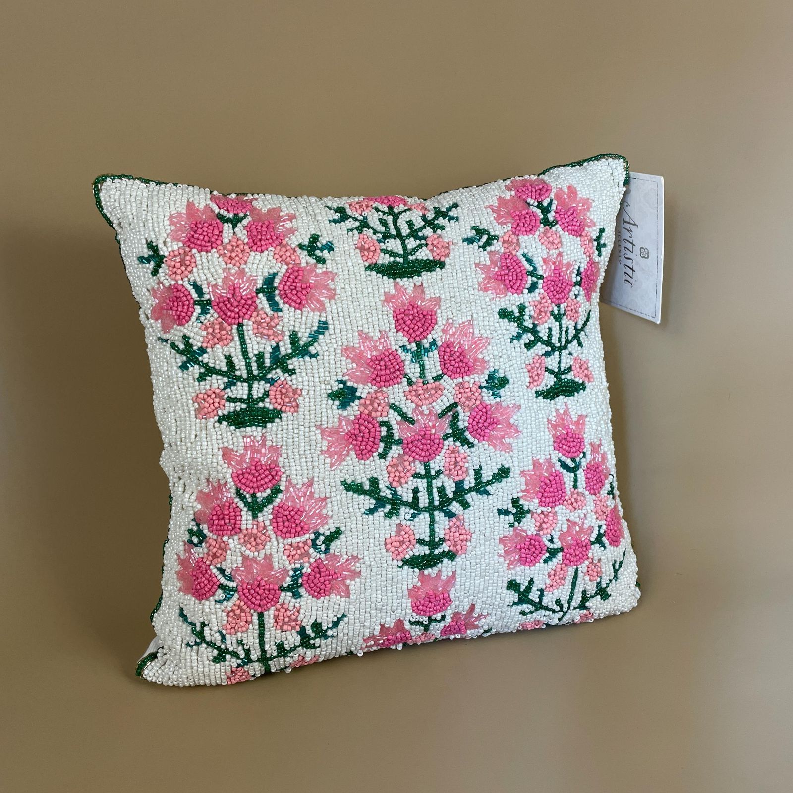 New Beaded Cushion Scatter Pillow Square 35x35 Artistic Accents Stuffed Accent Pattern Bolster Throw Decorative Floral Design White Pink photo furniture