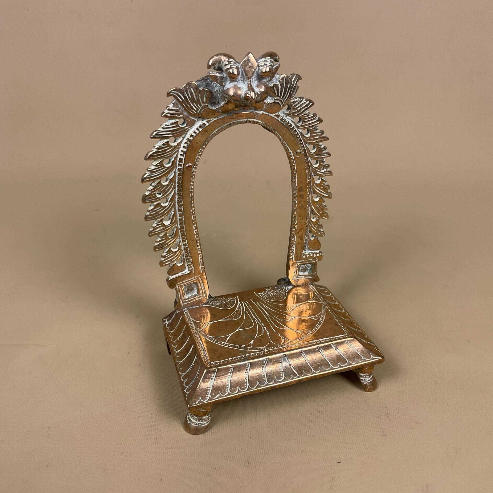Antique Brass Chowki With Prabhavali Temple Deity Stand Puja Mandir Decor Gold Indian India Show Piece Decorative Metal Ornament Handmade