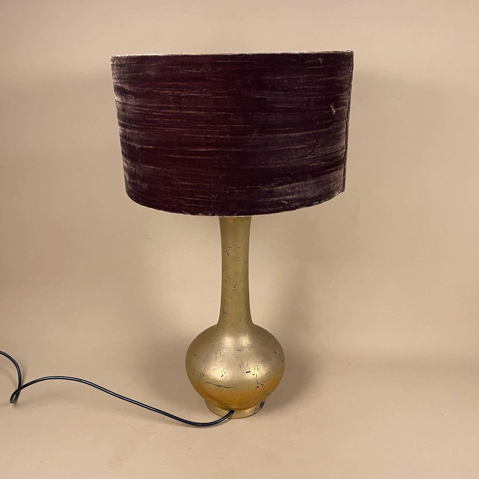 photo buy Antique Gold Lamp Light Bedside Table Oriental Brown Velvet Shade Lampshade Ornate Vintage Medium Tall Pillar