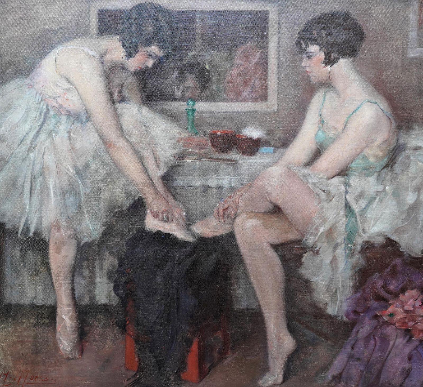 Henri Moreau Ballerinas Putting On Their Shoes   French Impressionist Art Oil Painting Ballet Circa 1920 photo for sale