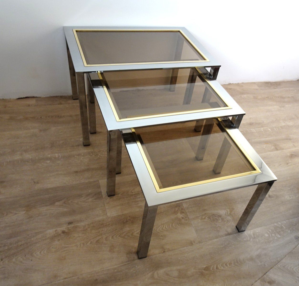 Vintage Italian Chrome Plated And Brass Nesting Tables, 1970s, Set Of 3 photo 1022.0