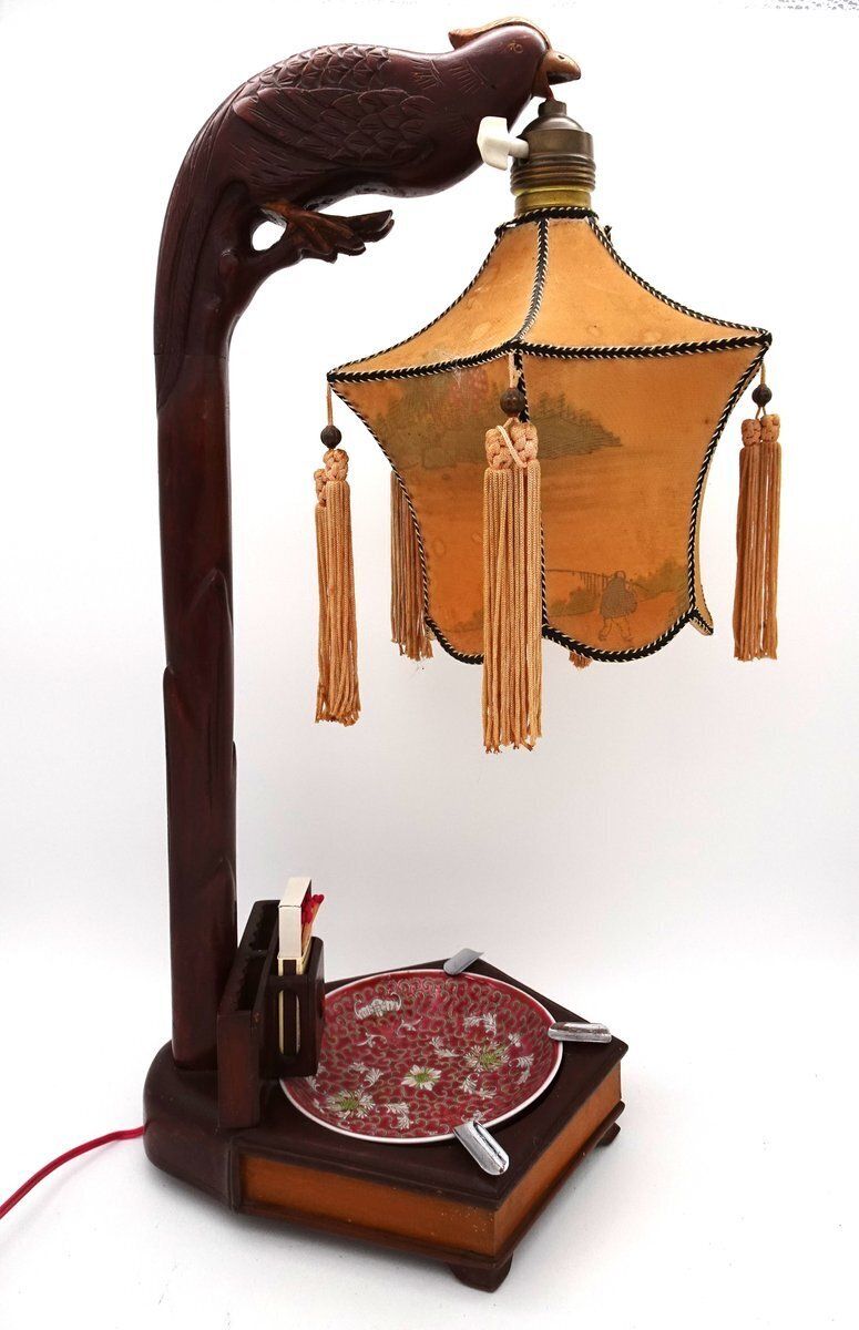 Chinese Carved Wood Bird Lamp With Ashtray And Cigarette Holder, 1930s
