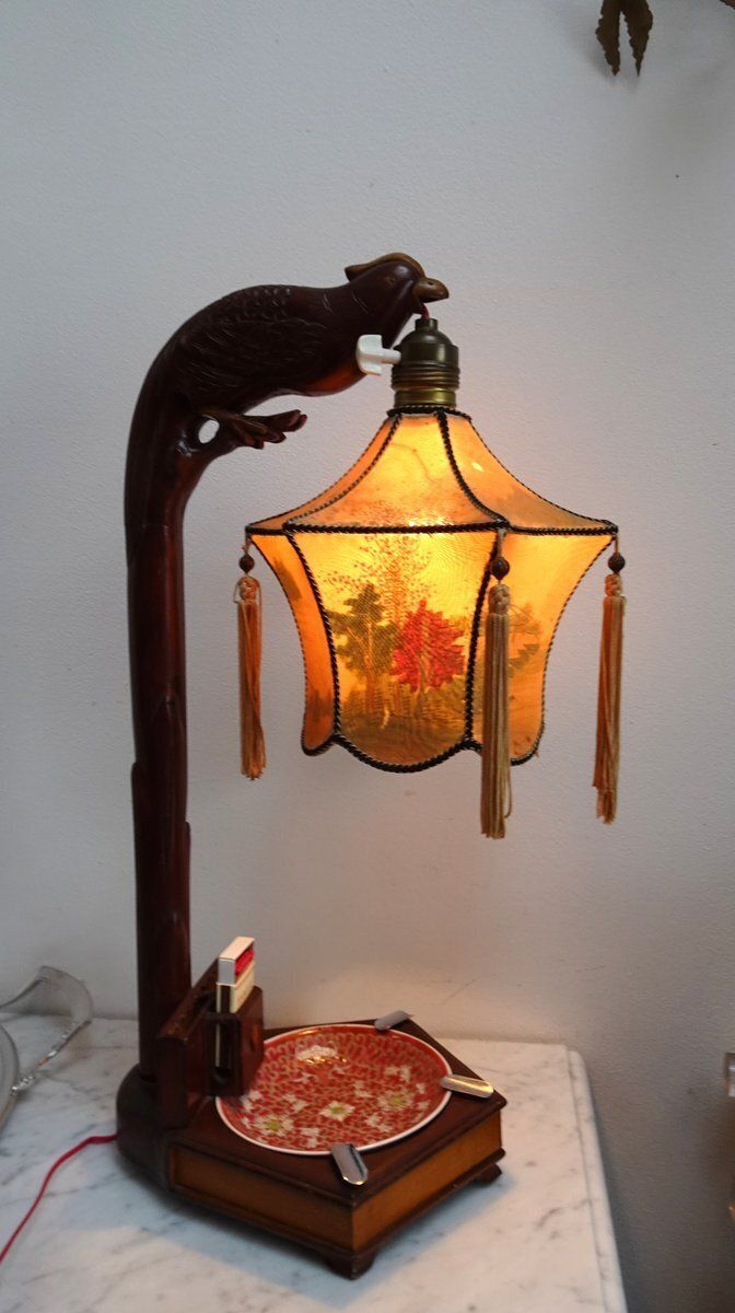 Chinese Carved Wood Bird Lamp With Ashtray And Cigarette Holder, 1930s photo furniture