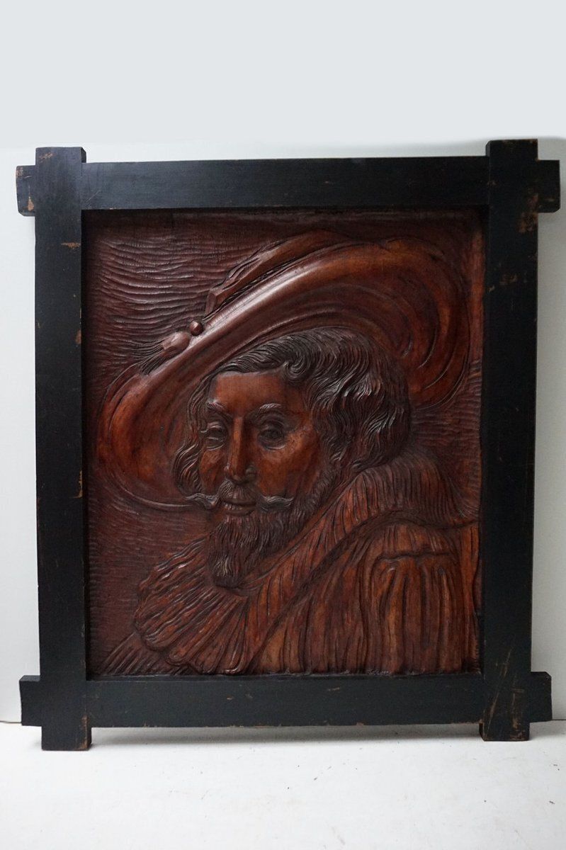 Hand Carved Wooden Bas Relief Portrait Of Peter Paul Rubens, 1950s