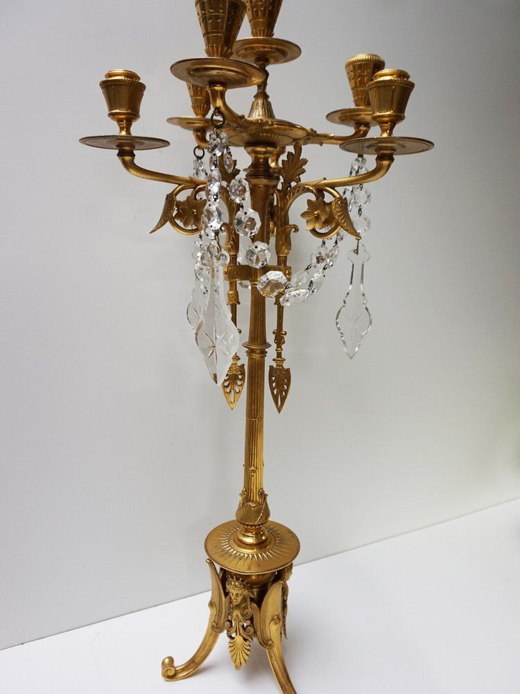 French Empire Neoclassical 7 Light Candelabra In Gilt Bronze And Crystal photo for sale