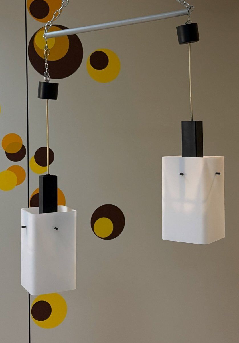 Vintage Opal Glass And Metal Pendant Lamps By Stilux Milano, 1960s, Set Of 2 photo furniture