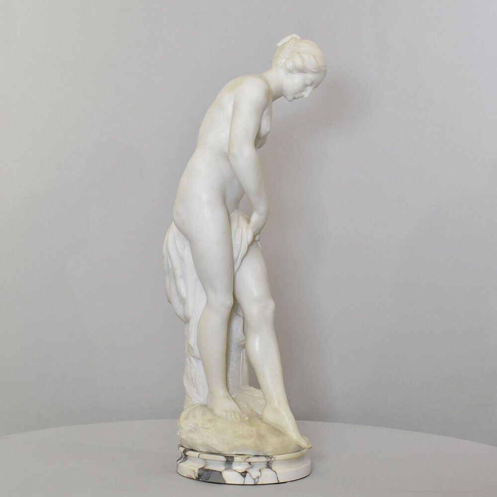 Antique Statues, Marble, Woman Sculpture, Young Girl Bathing, Signed Pugi, XIX Century. (Stma104) photo for sale