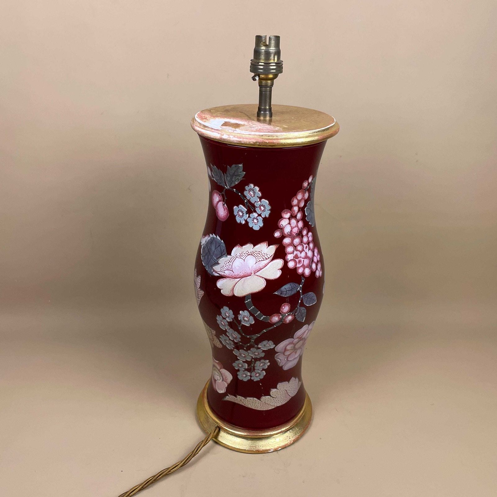 Antique Glass Gold Red Floral Patterned Lamp Light Bedside Side Table Decoupage Desk Vase Ornate Round Base Vintage Boudoir Accent Wood photo furniture