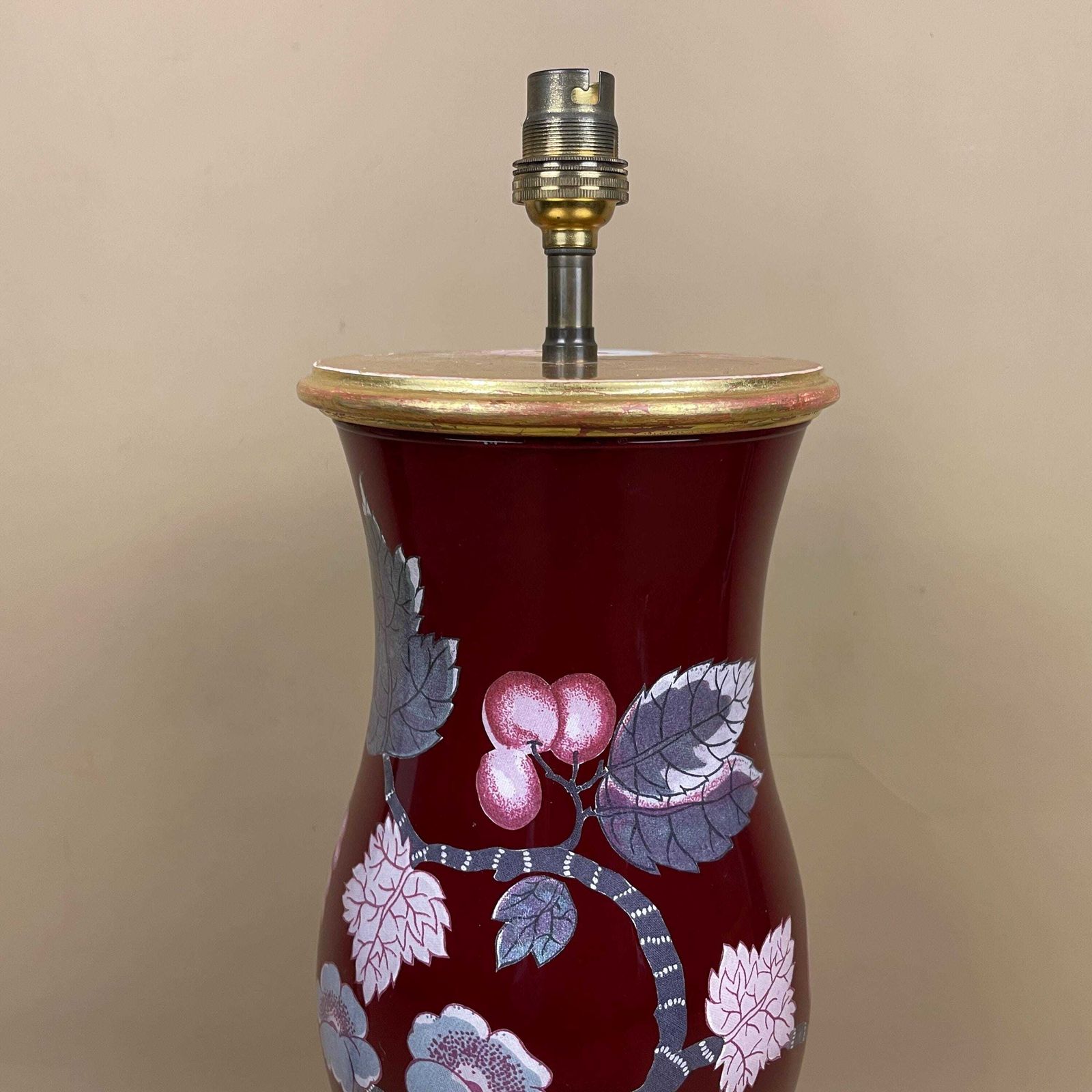 Antique Glass Gold Red Floral Patterned Lamp Light Bedside Side Table Decoupage Desk Vase Ornate Round Base Vintage Boudoir Accent Wood photo Lighting