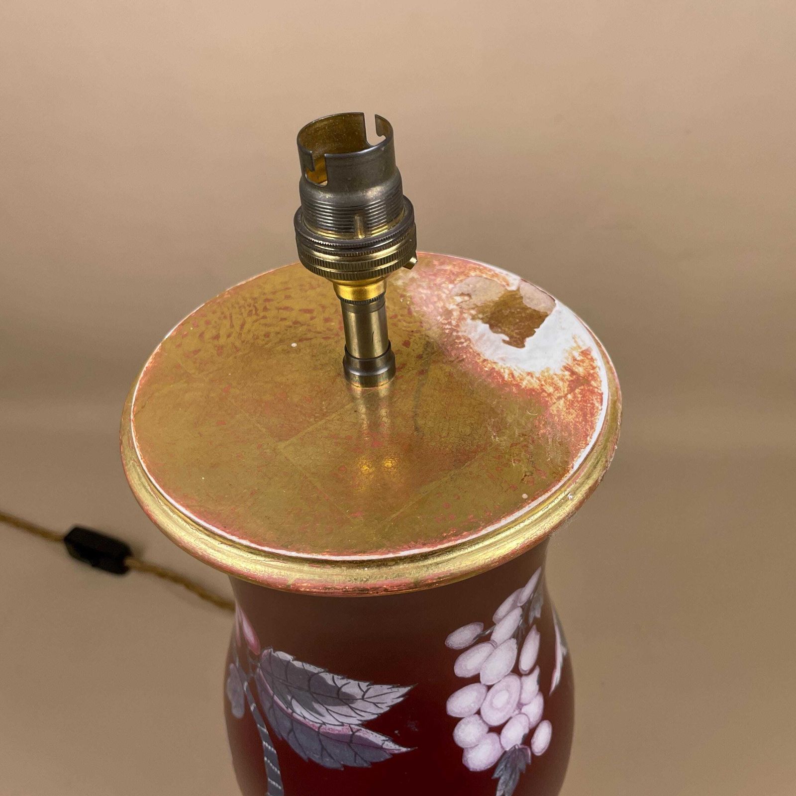 Antique Glass Gold Red Floral Patterned Lamp Light Bedside Side Table Decoupage Desk Vase Ornate Round Base Vintage Boudoir Accent Wood photo buy