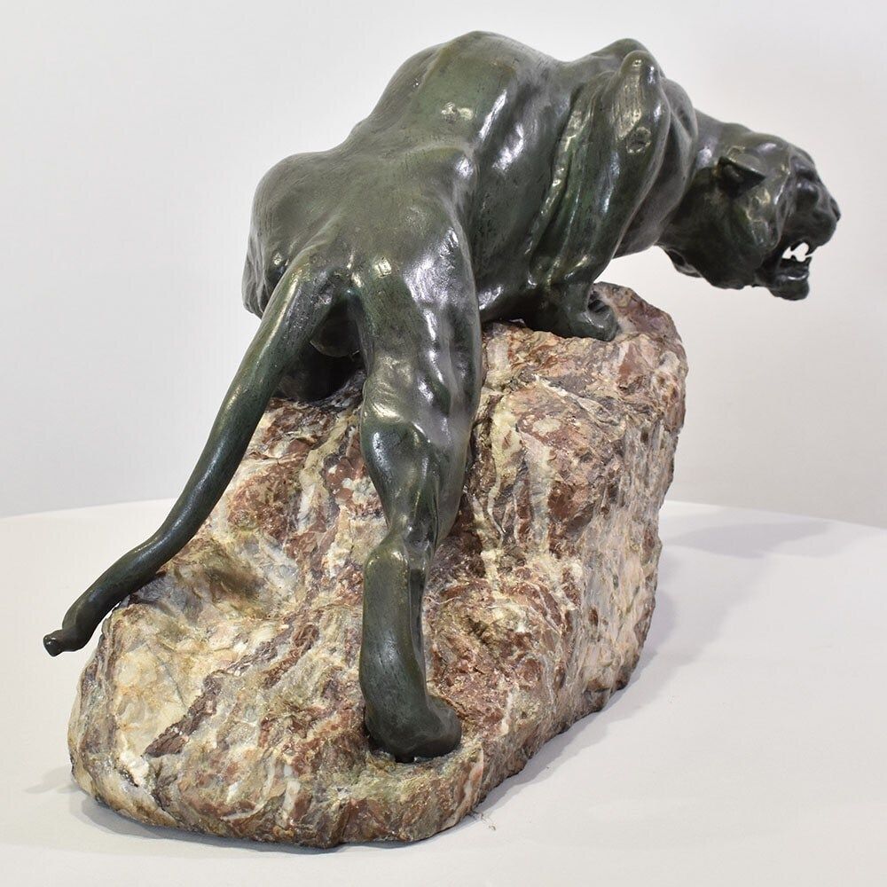 Antique Bronze Statues, Giacomo Merculiano, Large Crouching Lioness, Art Deco, XX Century. (Stb103) photo vinterior