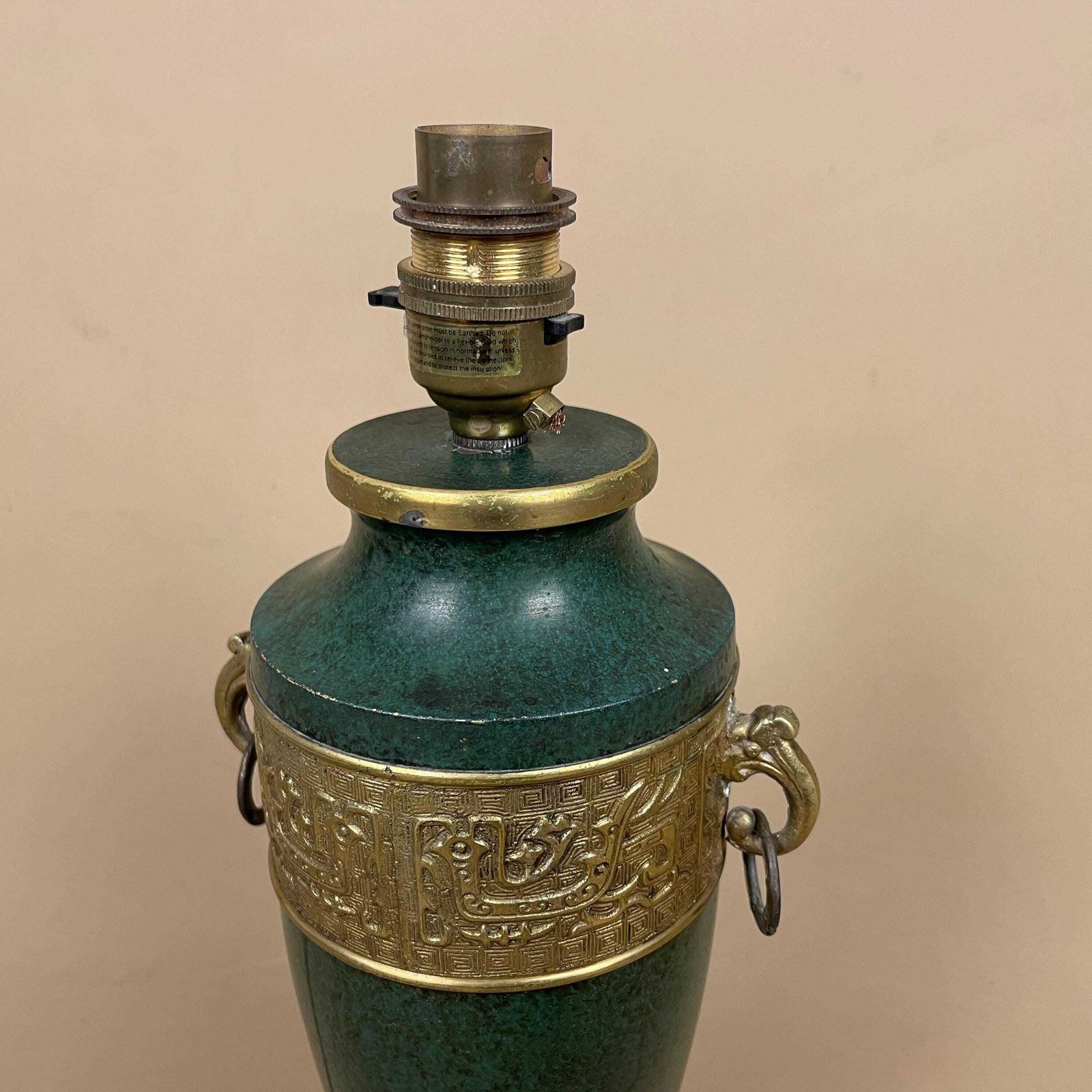 Antique Lamp Light Bedside Table Gold Brass Metal Design Pattern Oriental Chinese Vase Ginger Tea Jar Brass Vintage Painted Green Handles photo Lighting