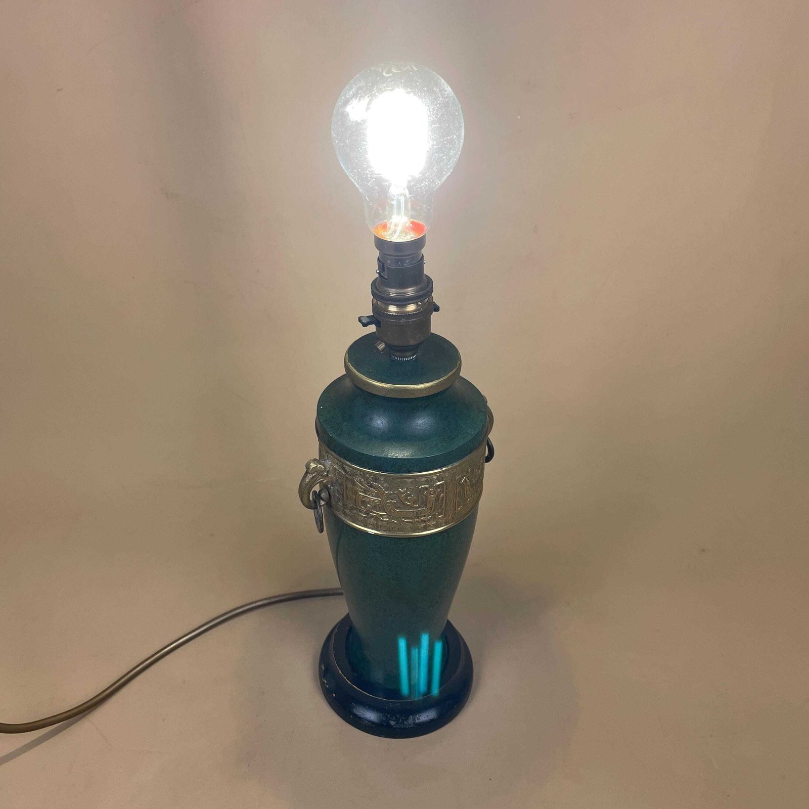 photo for sale Antique Lamp Light Bedside Table Gold Brass Metal Design Pattern Oriental Chinese Vase Ginger Tea Jar Brass Vintage Painted Green Handles