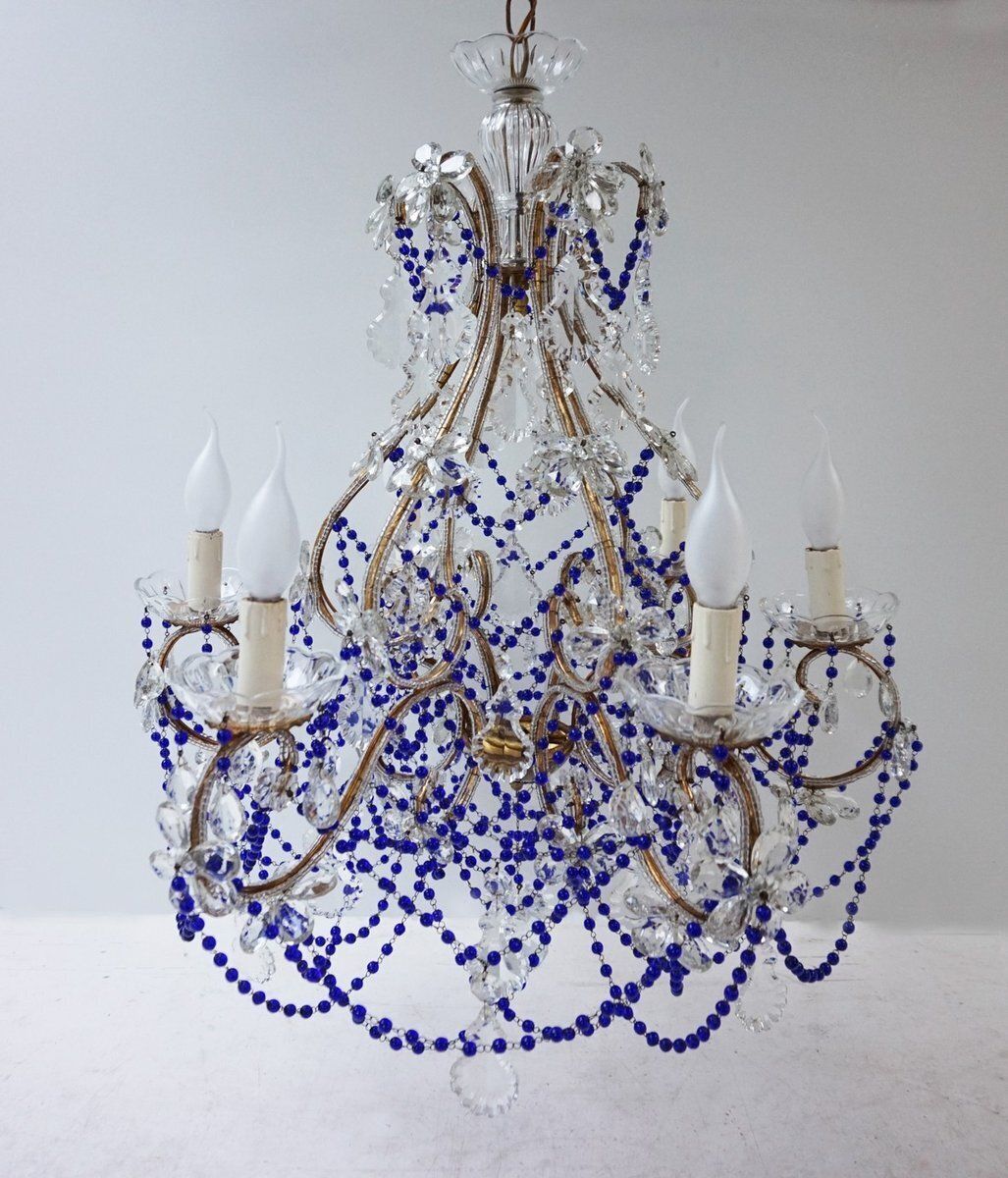 Italian Chandelier With Cobalt Blue Murano Glass Beaded Strings And Crystal Flowers, 1940s photo furniture