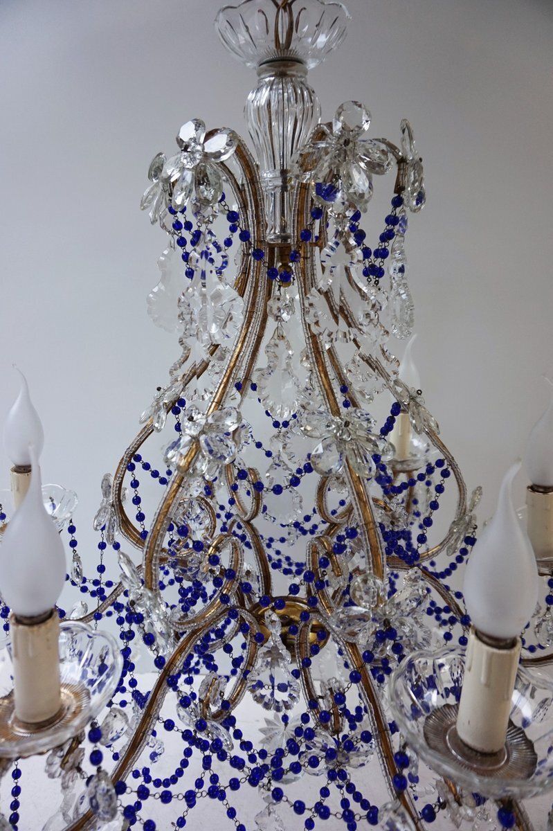 Italian Chandelier With Cobalt Blue Murano Glass Beaded Strings And Crystal Flowers, 1940s photo for sale