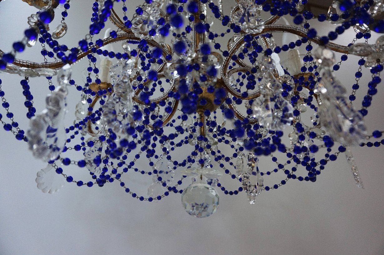 Italian Chandelier With Cobalt Blue Murano Glass Beaded Strings And Crystal Flowers, 1940s photo 1209.0
