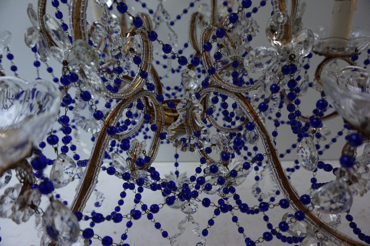 Italian Chandelier With Cobalt Blue Murano Glass Beaded Strings And Crystal Flowers, 1940s photo vintage