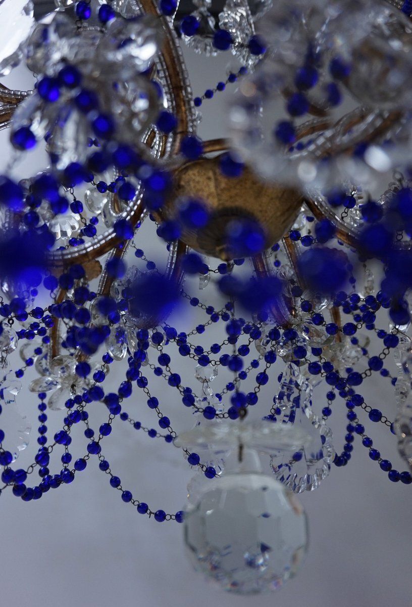 photo furniture Italian Chandelier With Cobalt Blue Murano Glass Beaded Strings And Crystal Flowers, 1940s