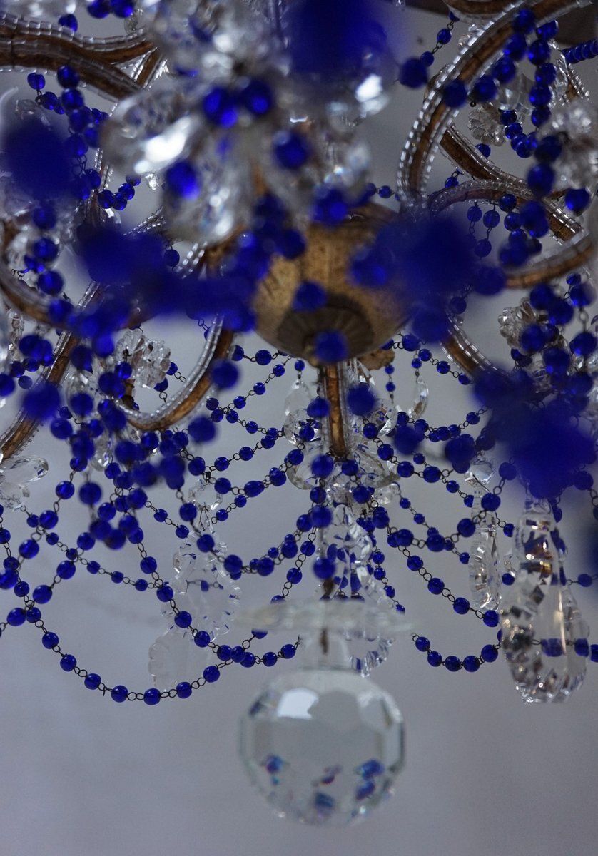 Lighting Italian Chandelier With Cobalt Blue Murano Glass Beaded Strings And Crystal Flowers, 1940s photo