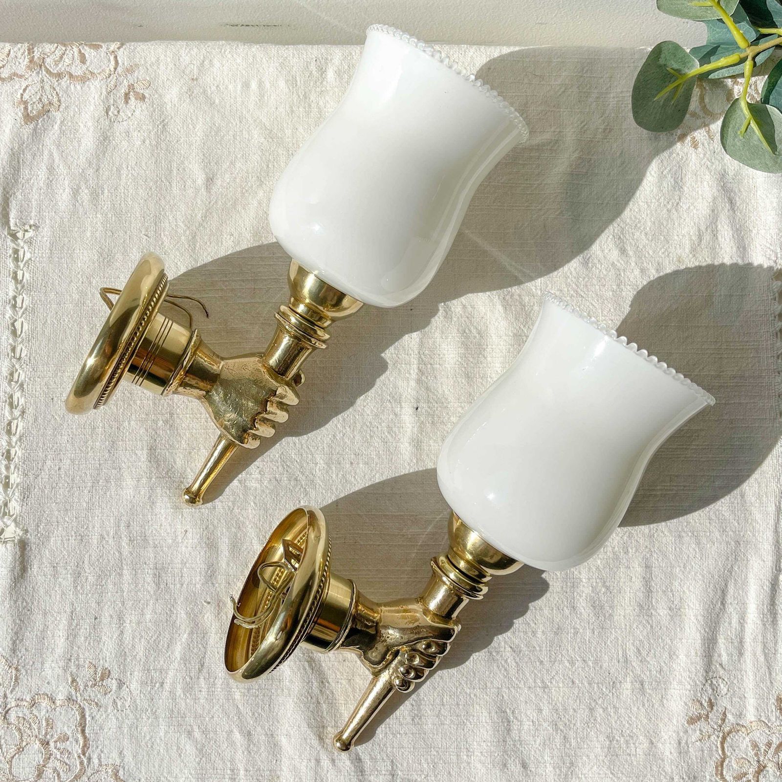 Pair Of Vintage Brass Hand Torch Wall Sconces, Attributed To Maison Jansen, France 1960s photo for sale