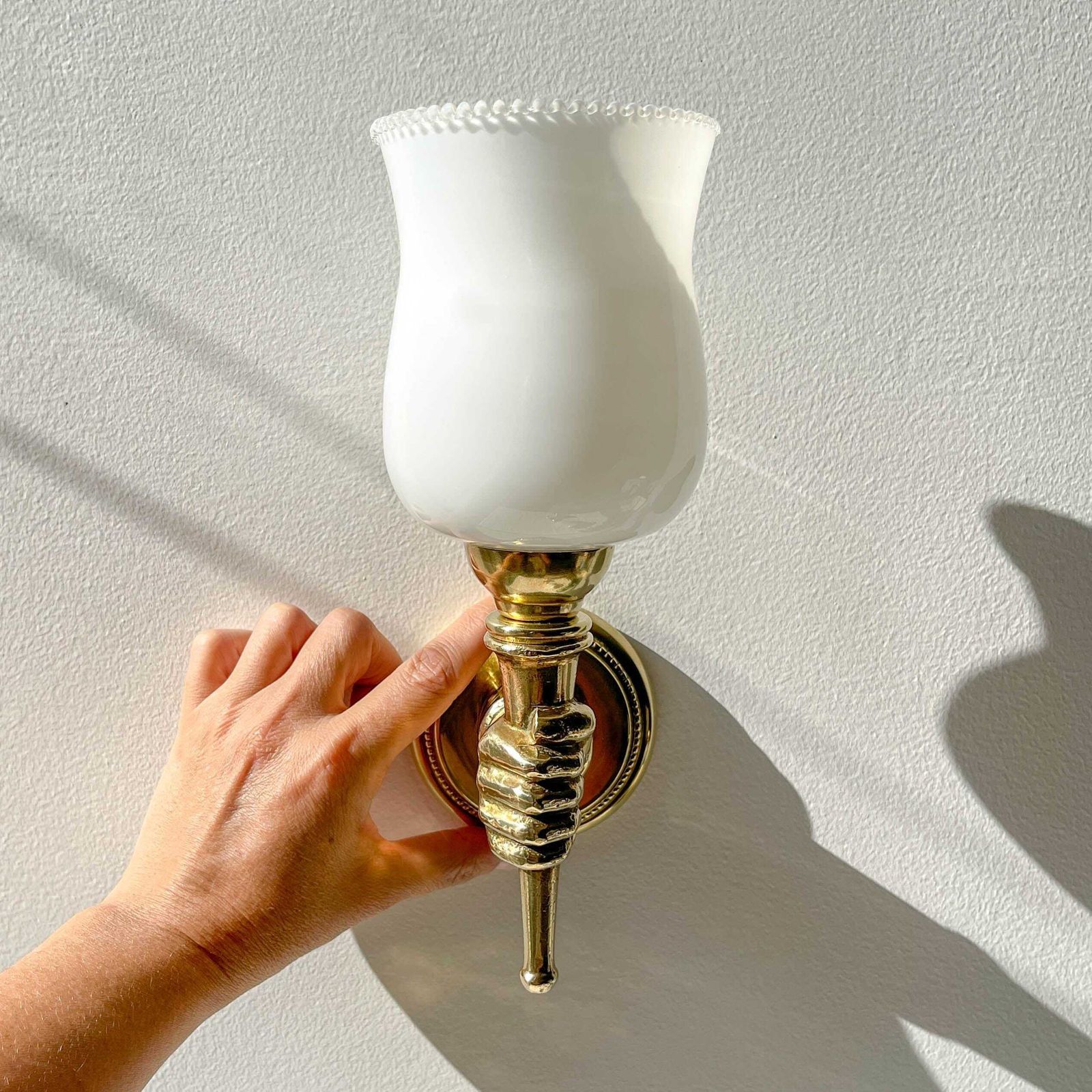 Pair Of Vintage Brass Hand Torch Wall Sconces, Attributed To Maison Jansen, France 1960s photo vinterior