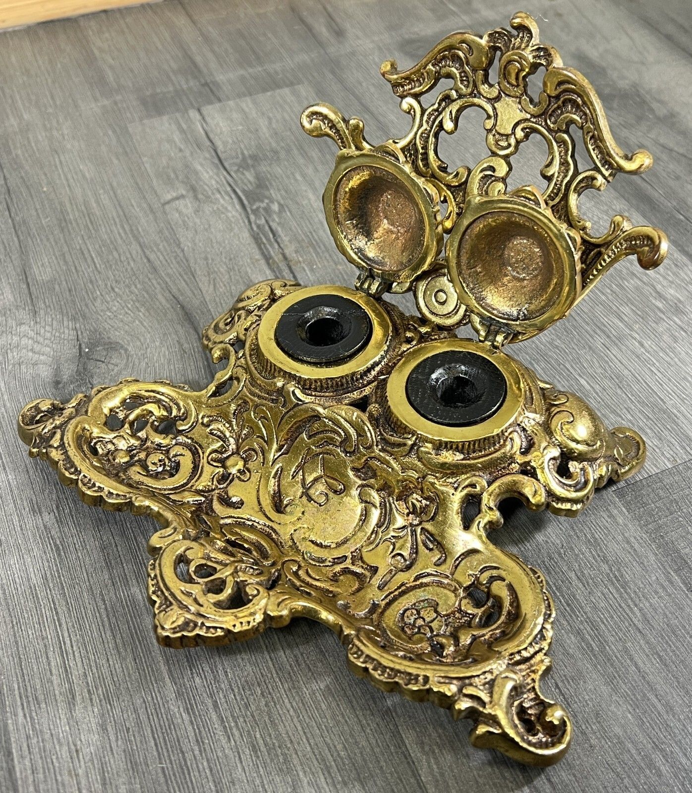 Inkwell Set Vintage French Brass Ornate Desk Accessory Lot 4688 photo for sale