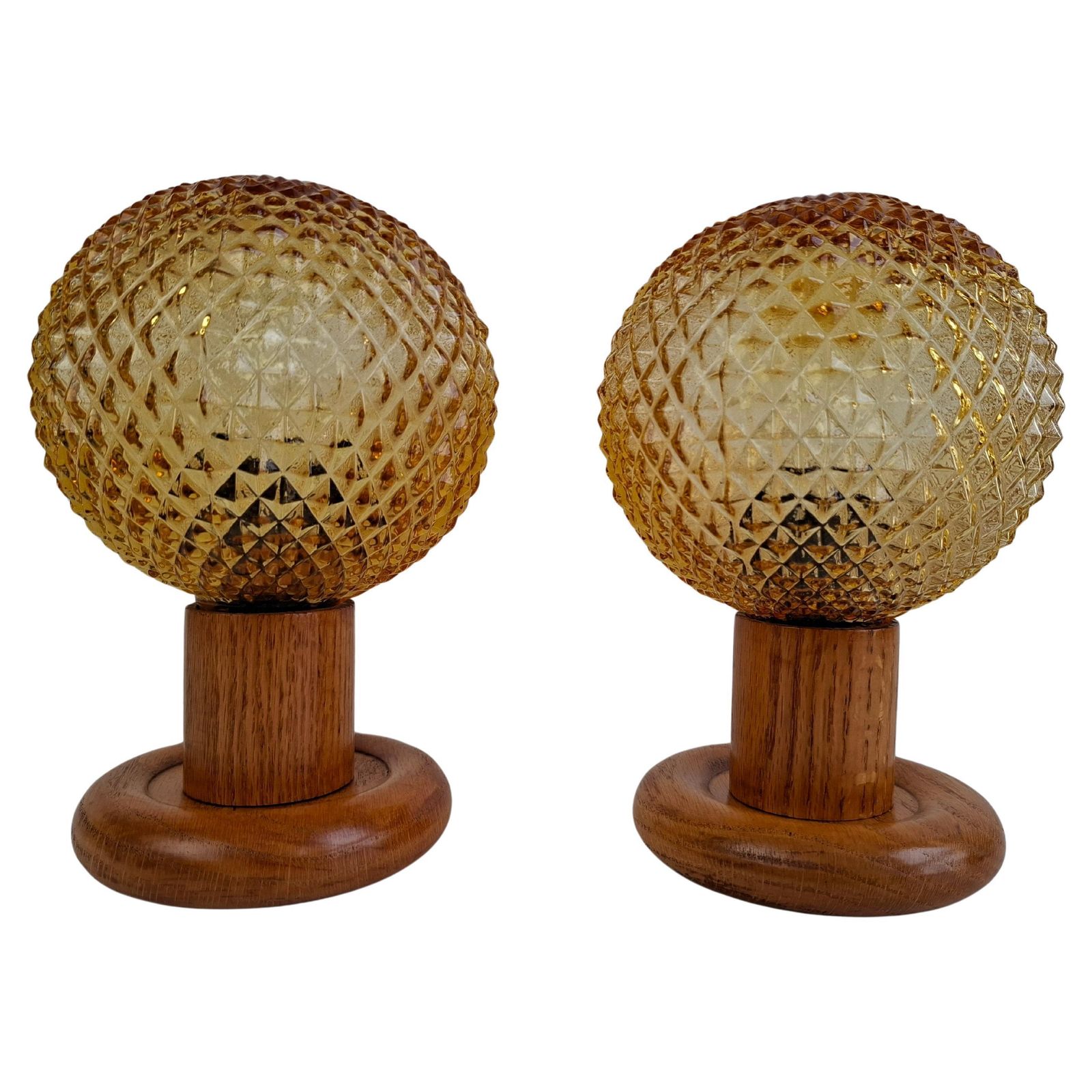 Pair Of Mid Century Table Lamps With Amber Glass And Wood Base, Czechoslovakia