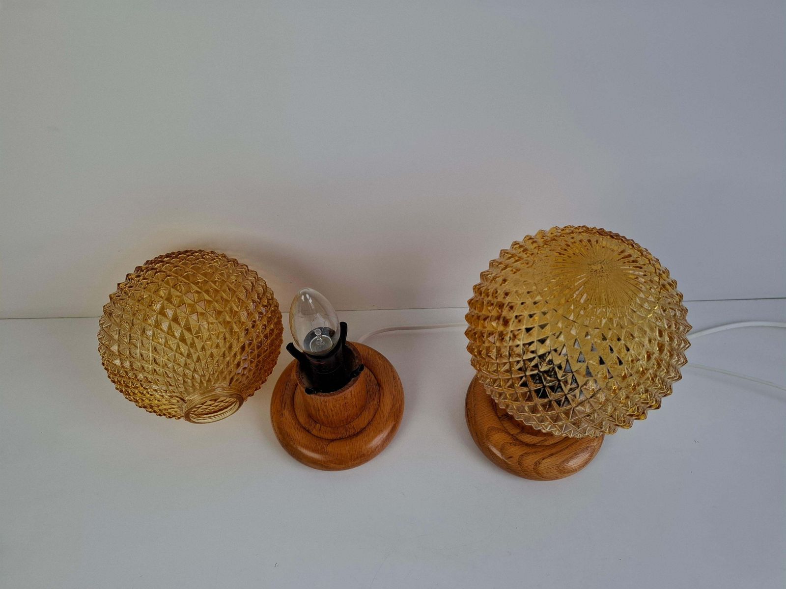 Pair Of Mid Century Table Lamps With Amber Glass And Wood Base, Czechoslovakia photo furniture