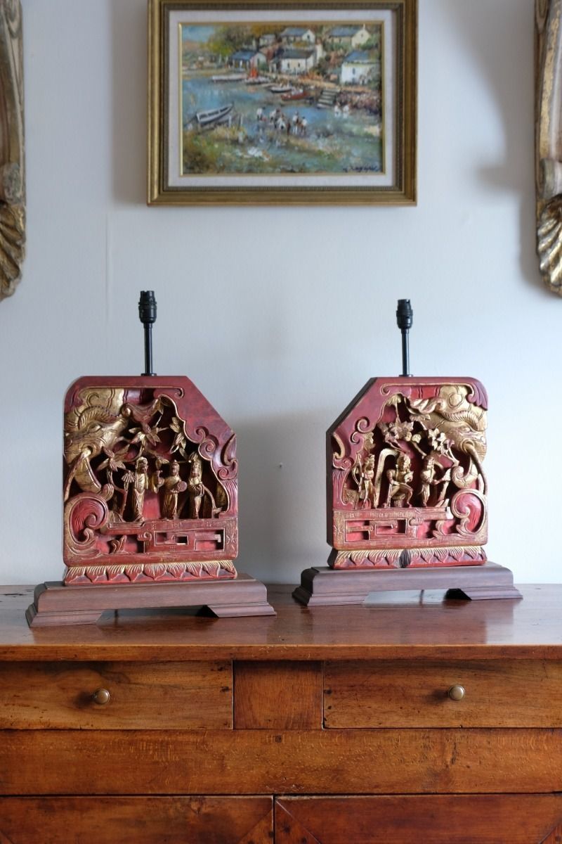 Pair Of Anglo Indian Carved Polychrome Wood Table Lamps With Figurative Relief Scenes photo for sale