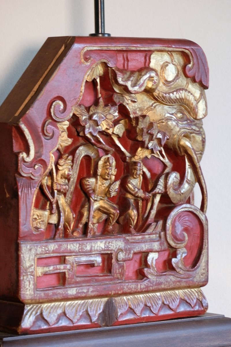 Pair Of Anglo Indian Carved Polychrome Wood Table Lamps With Figurative Relief Scenes photo 860.0
