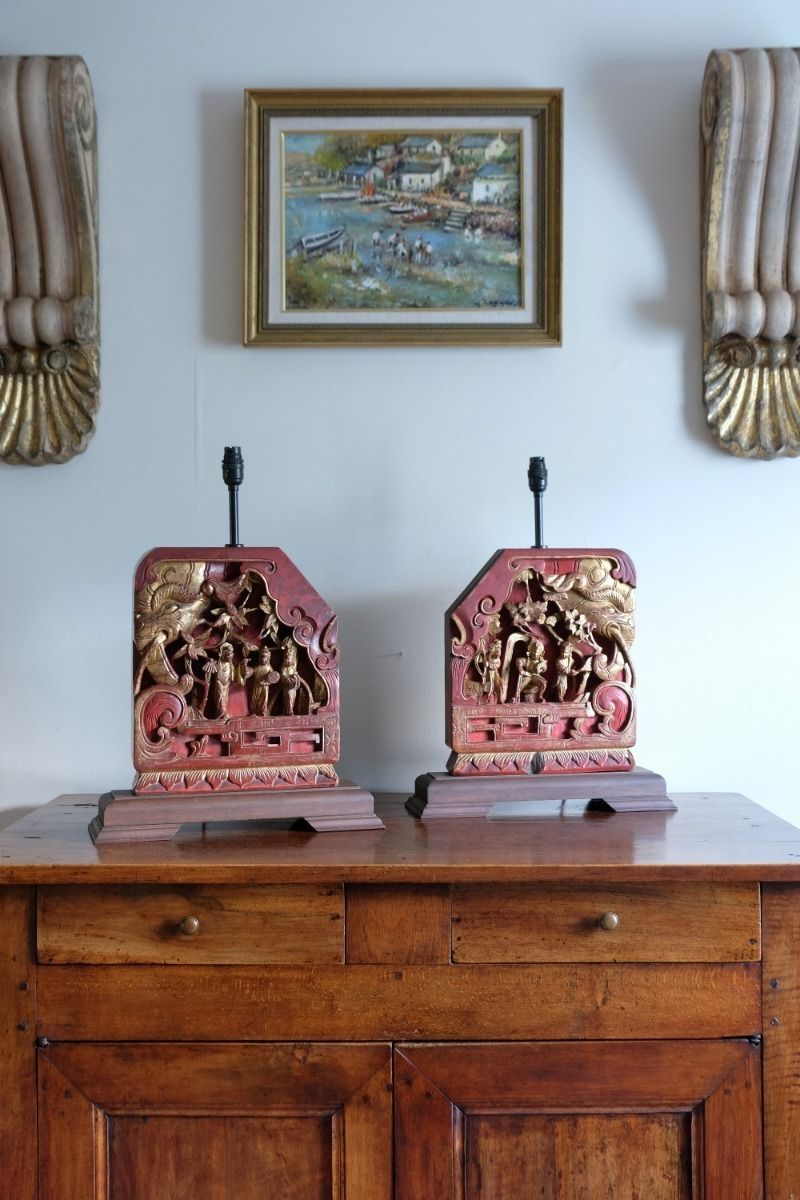 Pair Of Anglo Indian Carved Polychrome Wood Table Lamps With Figurative Relief Scenes