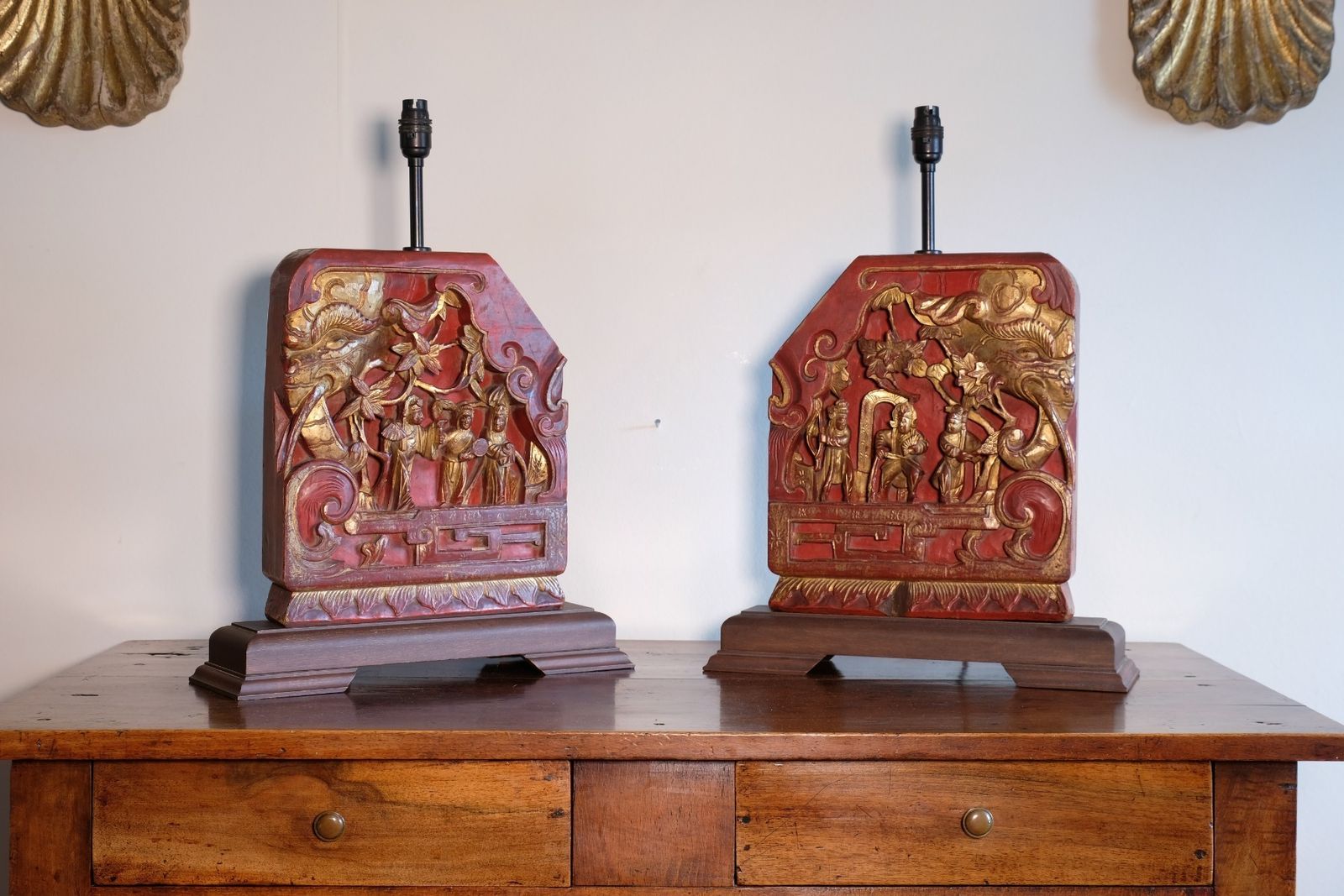 Pair Of Anglo Indian Carved Polychrome Wood Table Lamps With Figurative Relief Scenes photo vintage