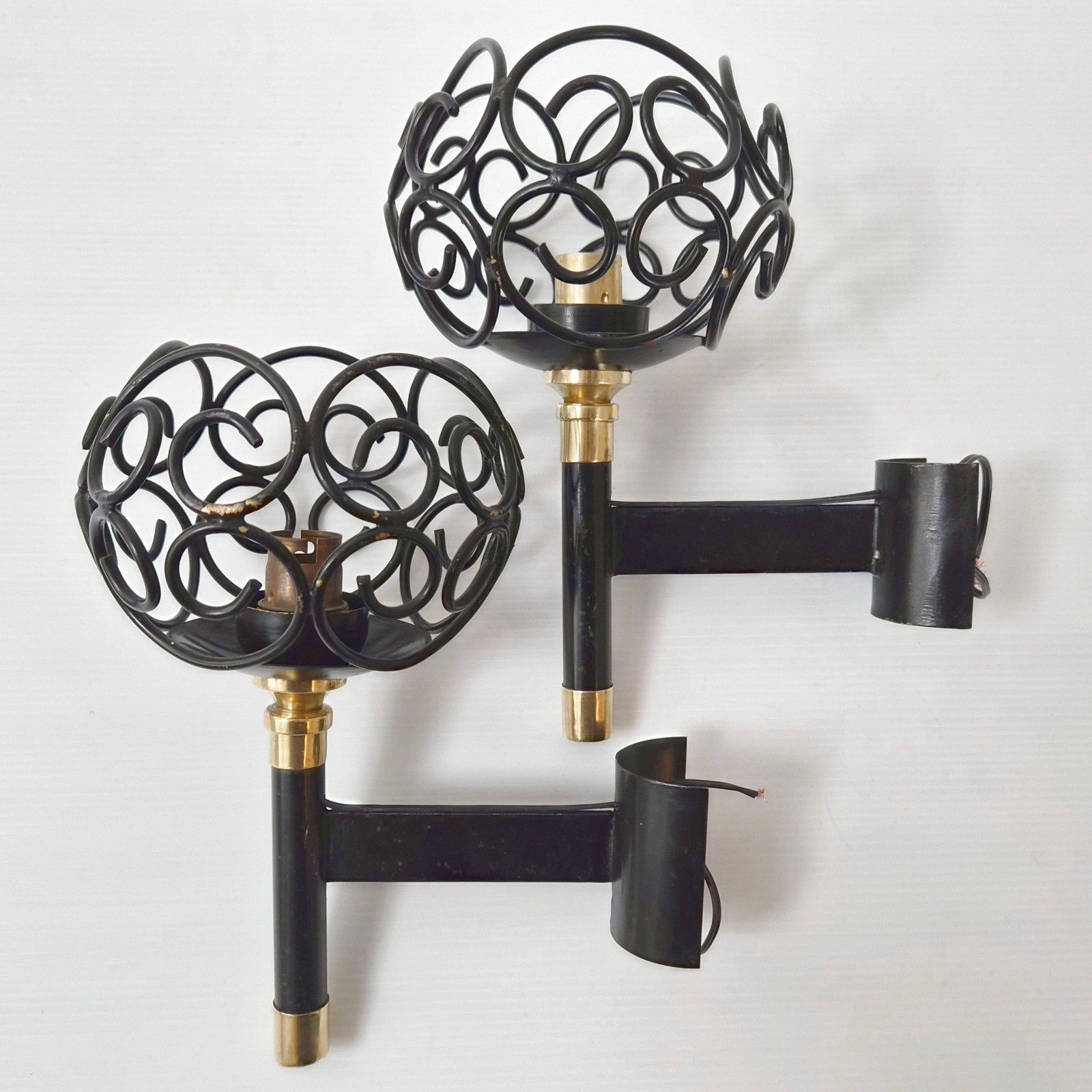 Pair Of Vintage 1950s Black Lacquer Metal & Gold Brass Sconces 50s Rockabilly