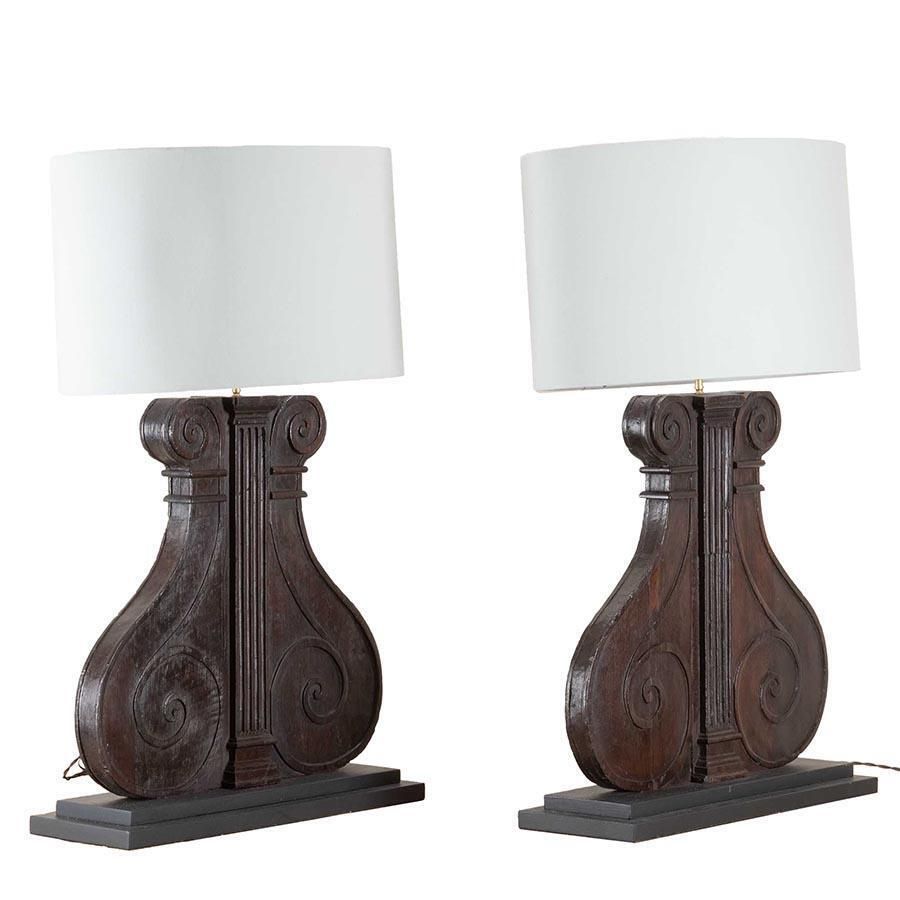 Large Pair Of 19th Century Italian Carved Wooden Lamps photo furniture