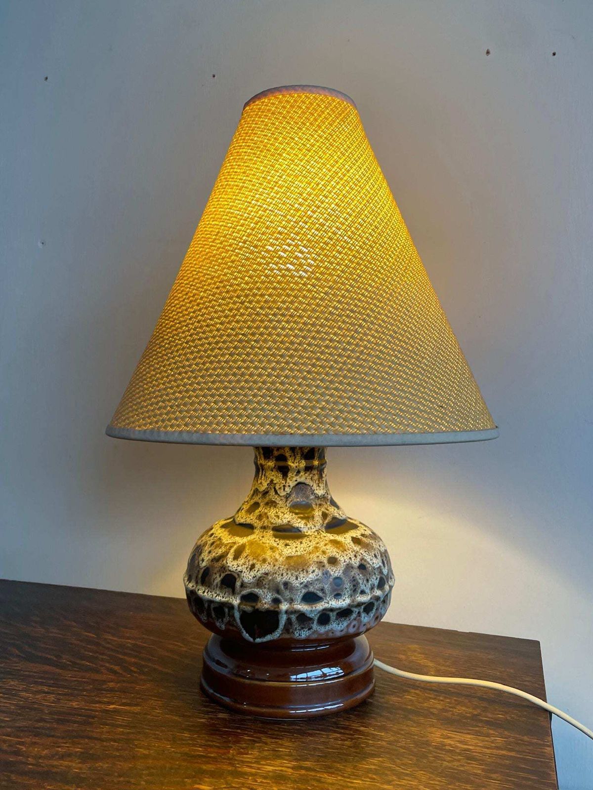 photo for sale Vintage Mid Century West German Ceramic Lamp And Woven Cream Shade