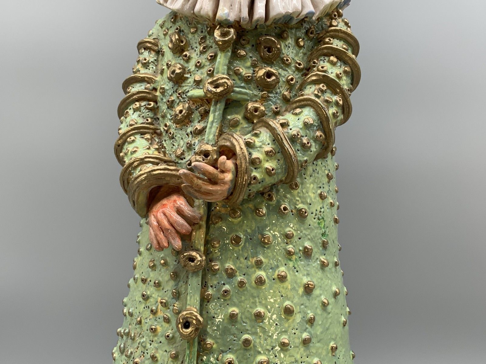 390.0 Large Elizabethan Dressed Lady Faience Pottery Sculpture Polychrome Figurine photo
