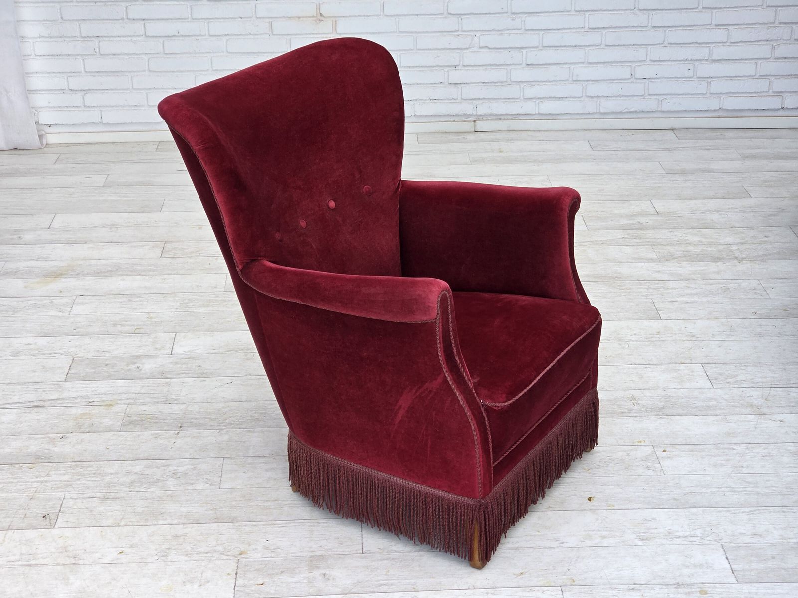 1970s, Danish Armchair, Cherry Red Furniture Velour, Oak Wood Legs. photo for sale