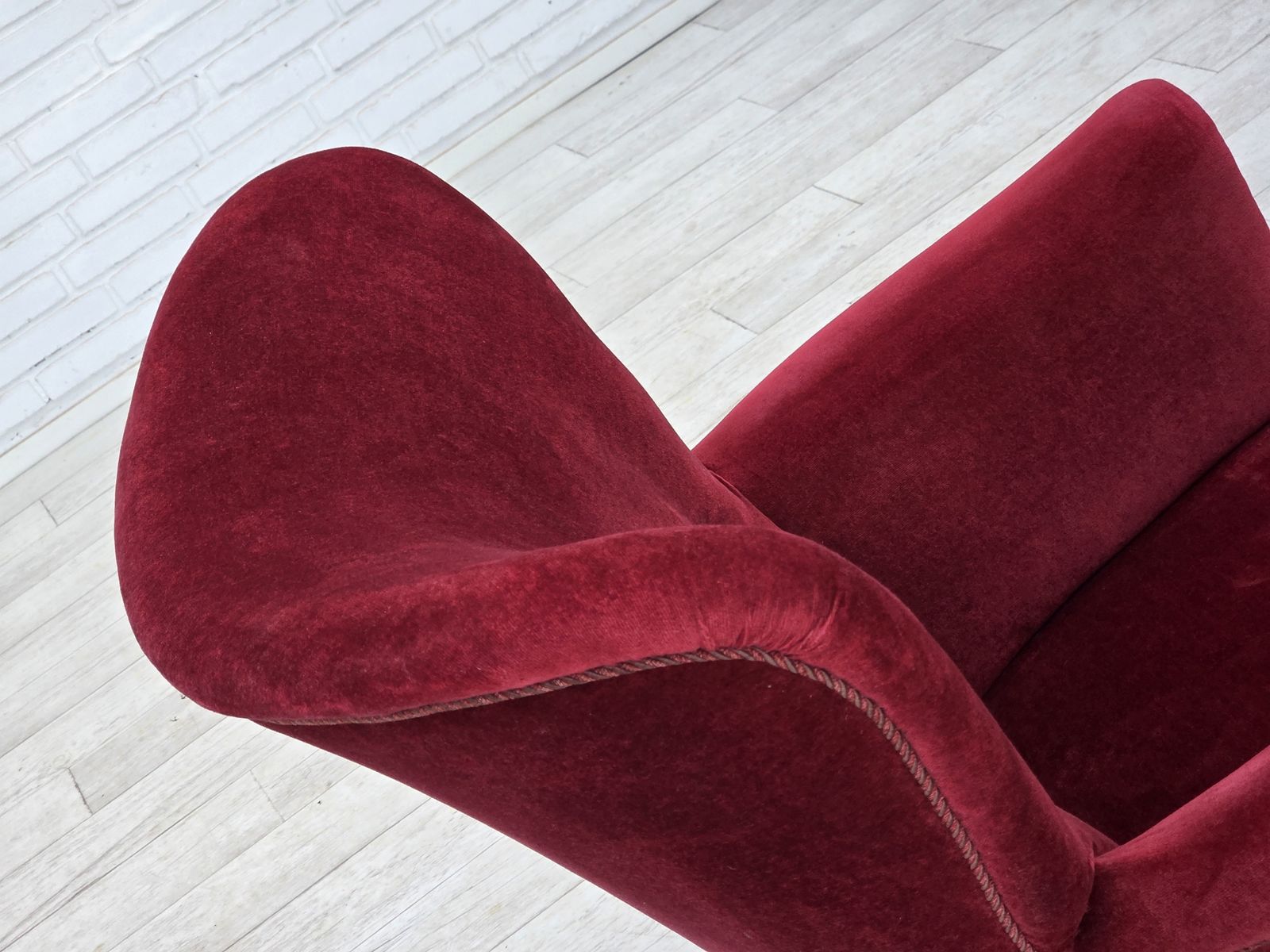 1970s, Danish Armchair, Cherry Red Furniture Velour, Oak Wood Legs. photo vintage