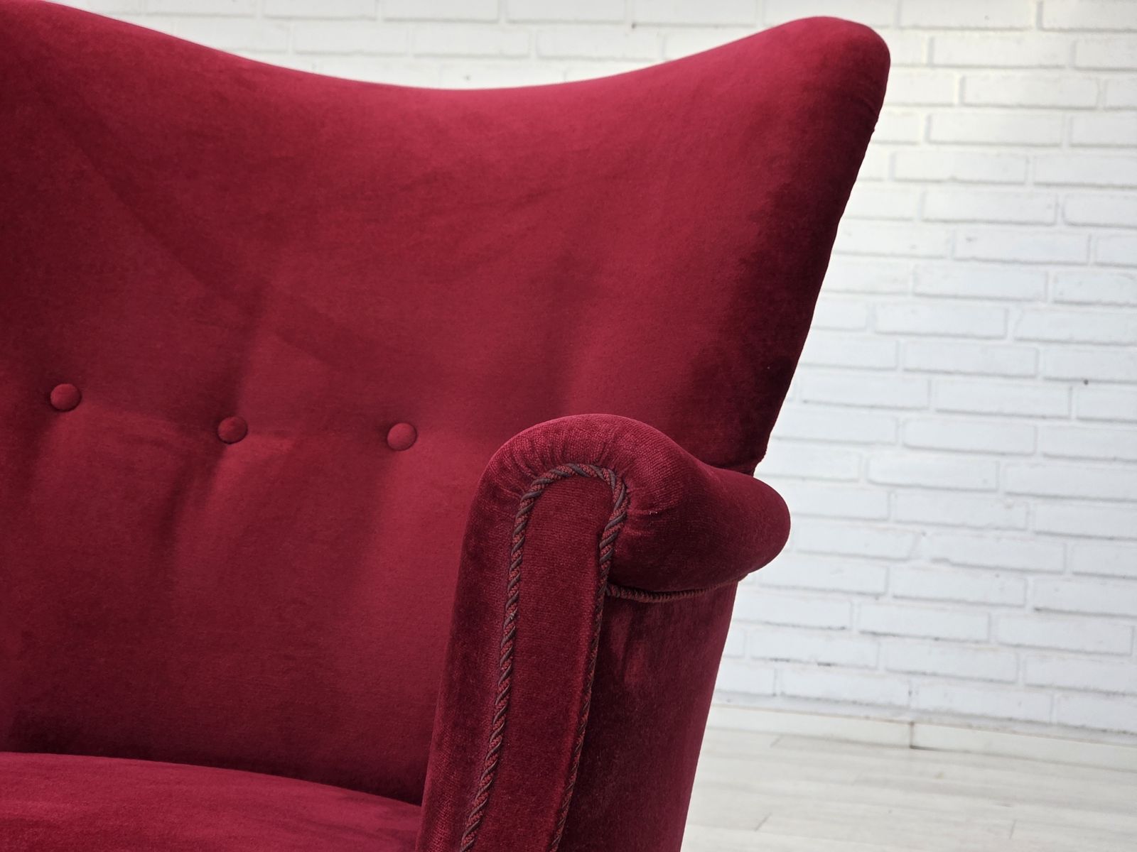 Furniture 1970s, Danish Armchair, Cherry Red Furniture Velour, Oak Wood Legs. photo