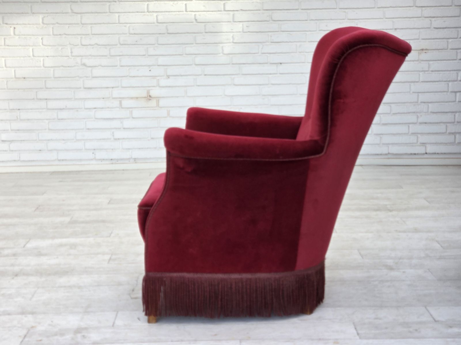 1320.0 1970s, Danish Armchair, Cherry Red Furniture Velour, Oak Wood Legs. photo