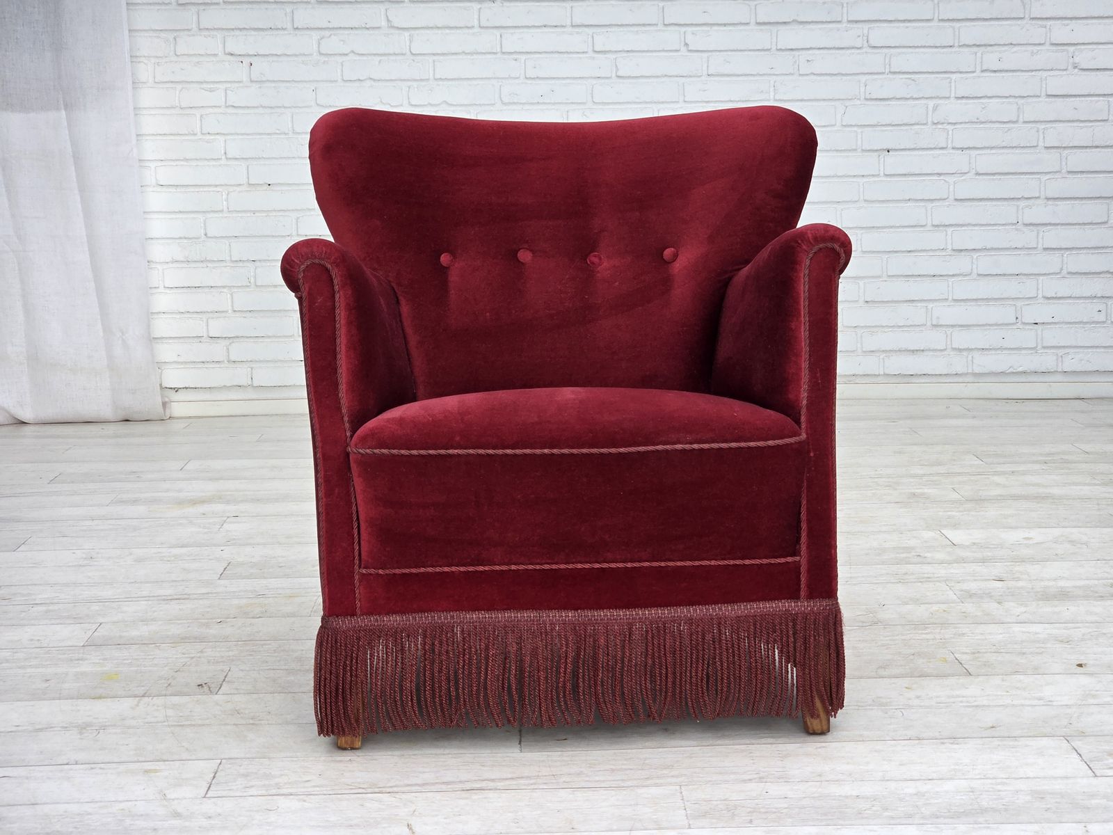 1970s, Danish Armchair, Cherry Red Furniture Velour, Oak Wood Legs. photo 1220.0