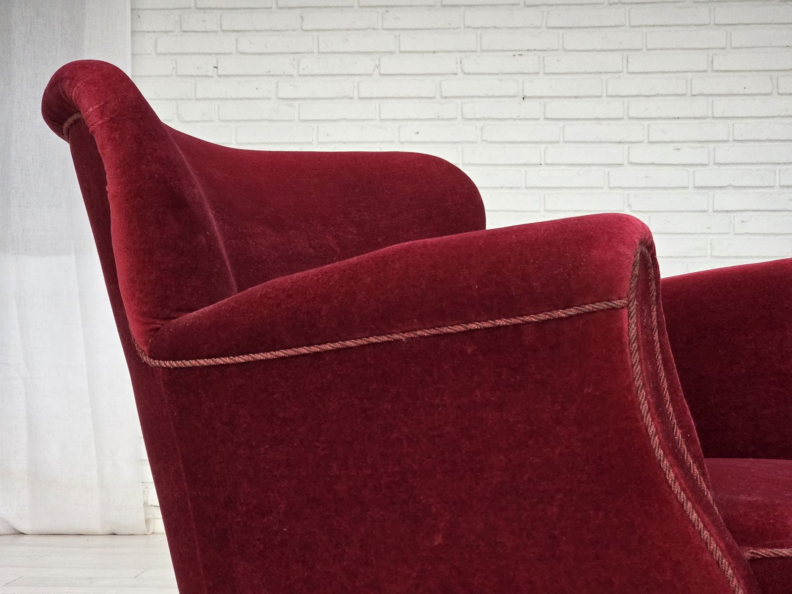 1970s, Danish Armchair, Cherry Red Furniture Velour, Oak Wood Legs. photo vinterior