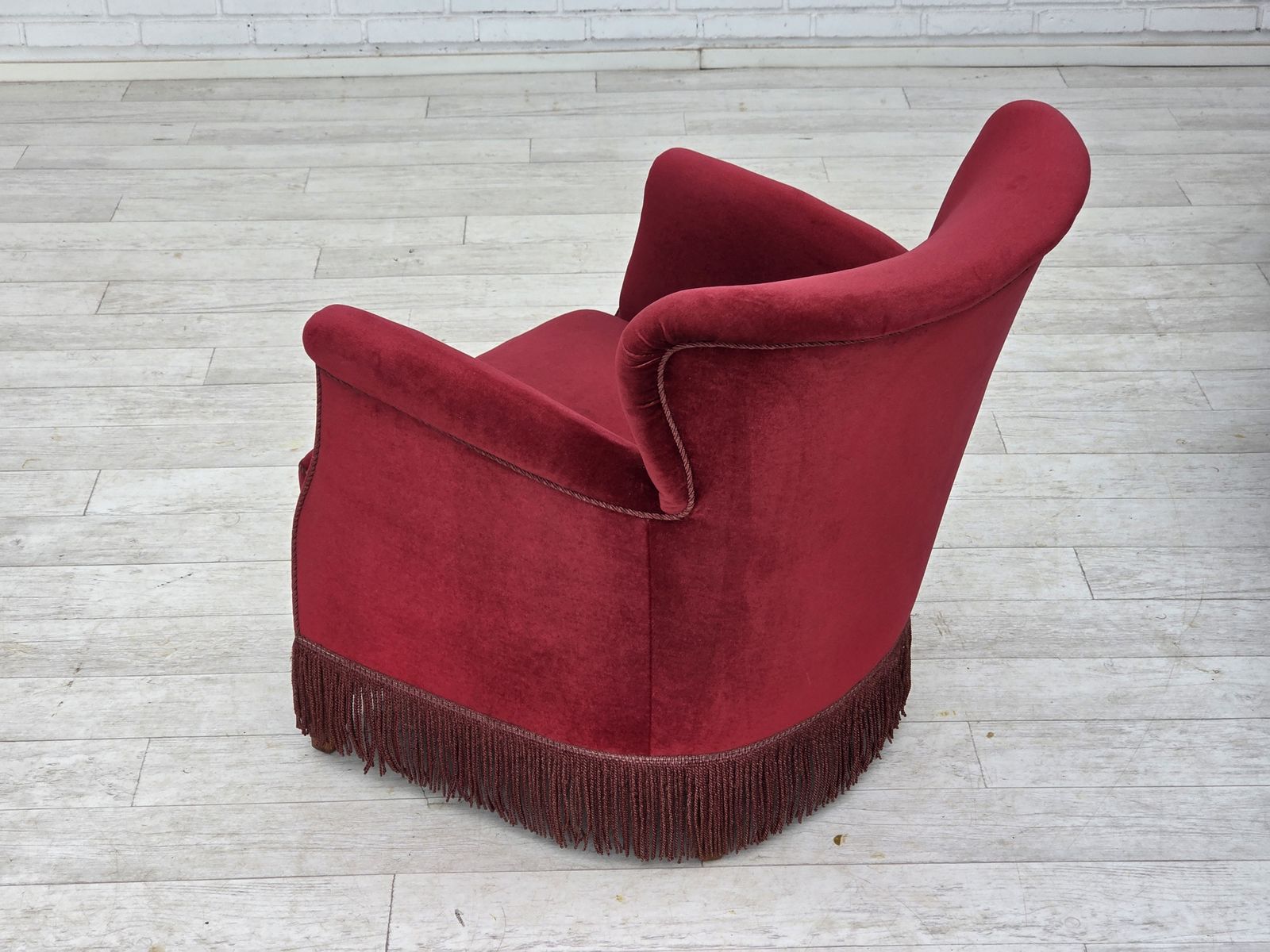 photo furniture 1970s, Danish Armchair, Cherry Red Furniture Velour, Oak Wood Legs.