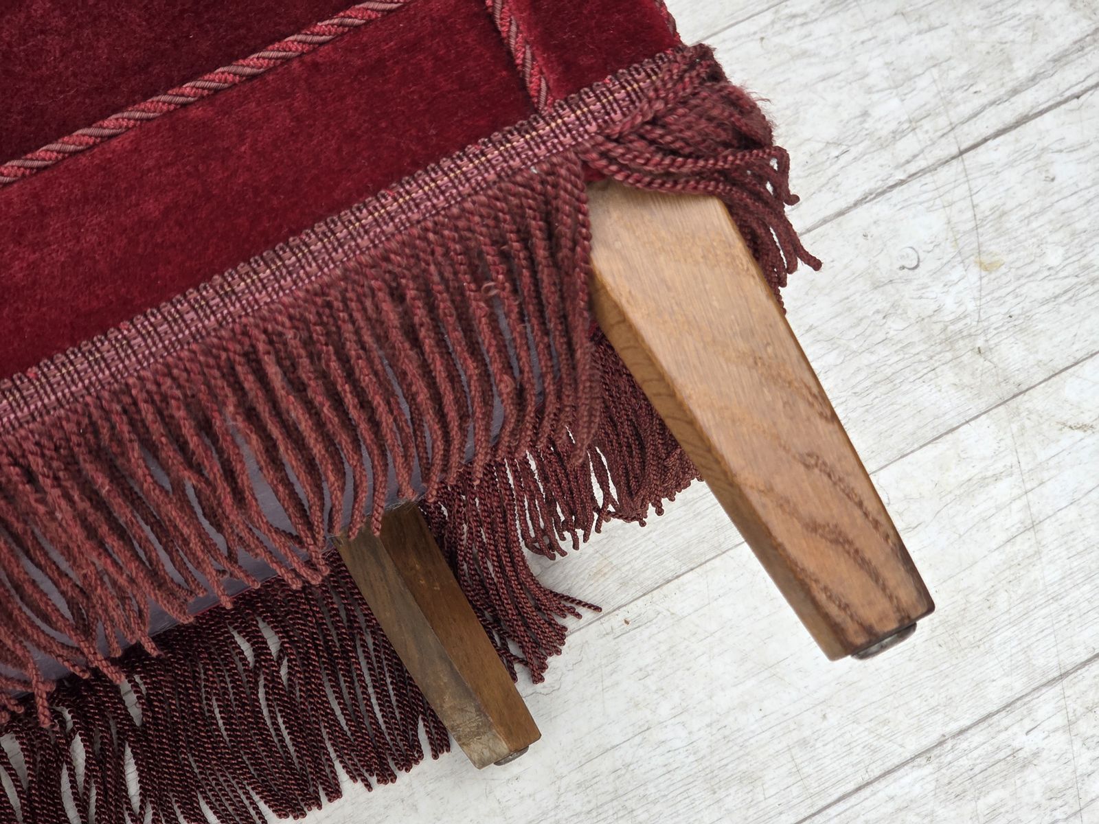 photo buy 1970s, Danish Armchair, Cherry Red Furniture Velour, Oak Wood Legs.