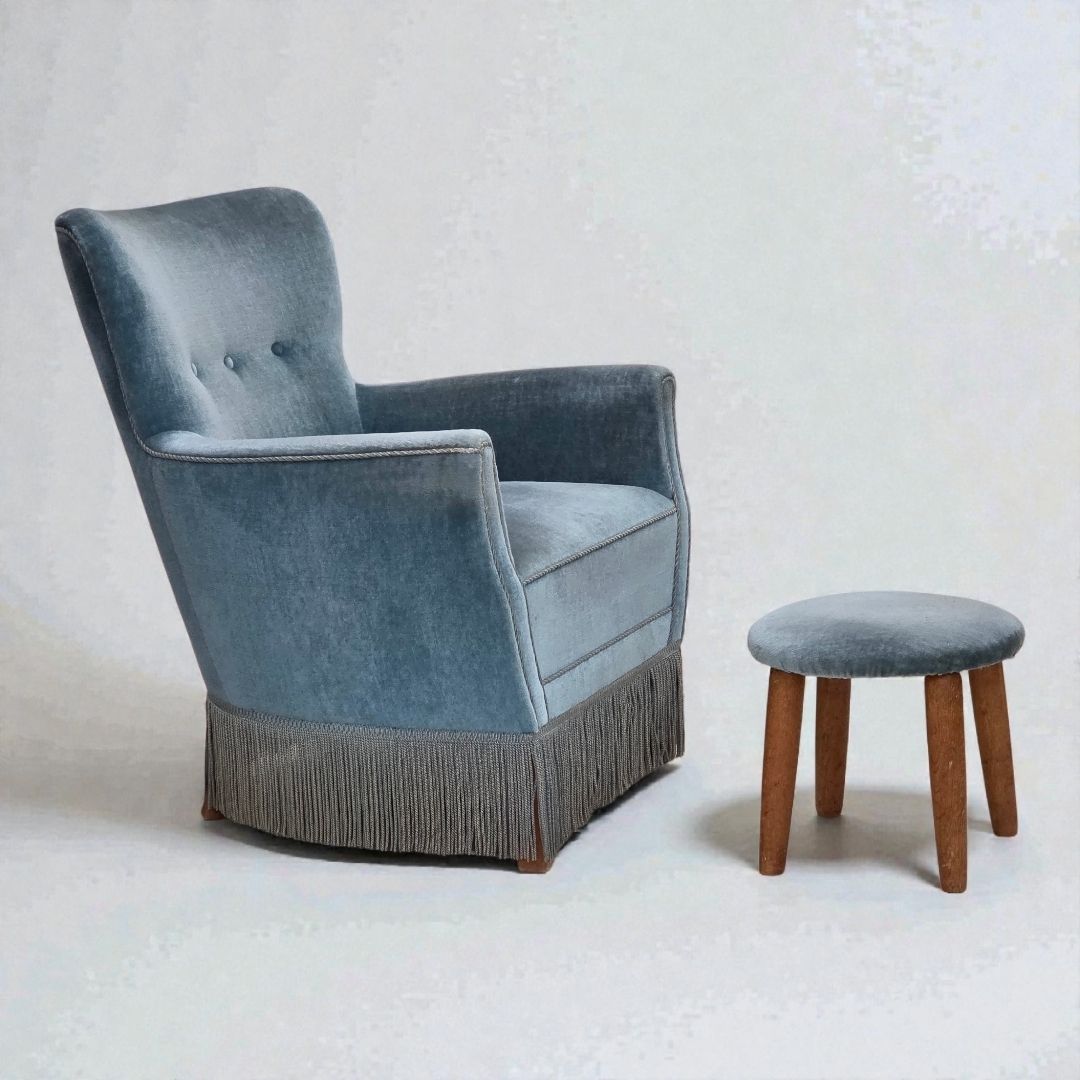 1970s, Danish Armchair With Footstool, Blue Furniture Velour, Oak Wood Legs.