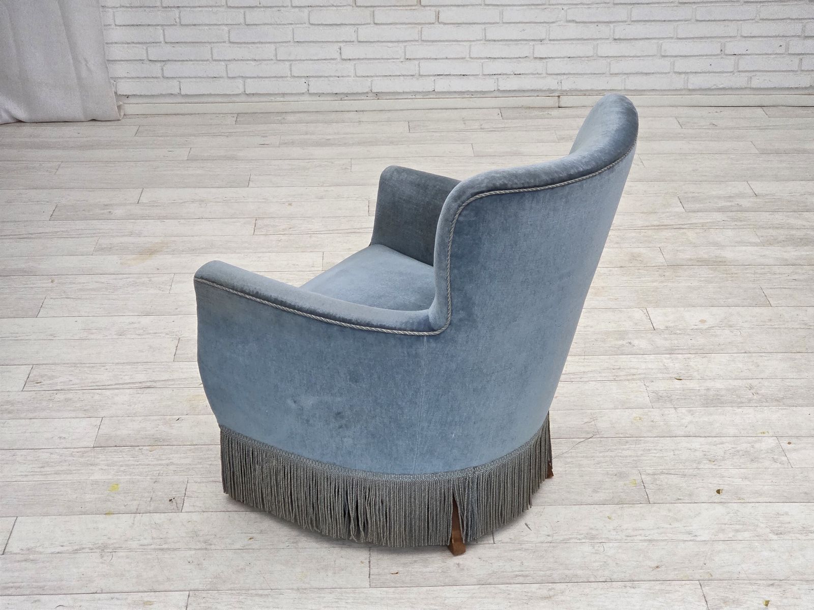1970s, Danish Armchair With Footstool, Blue Furniture Velour, Oak Wood Legs. photo 1220.0