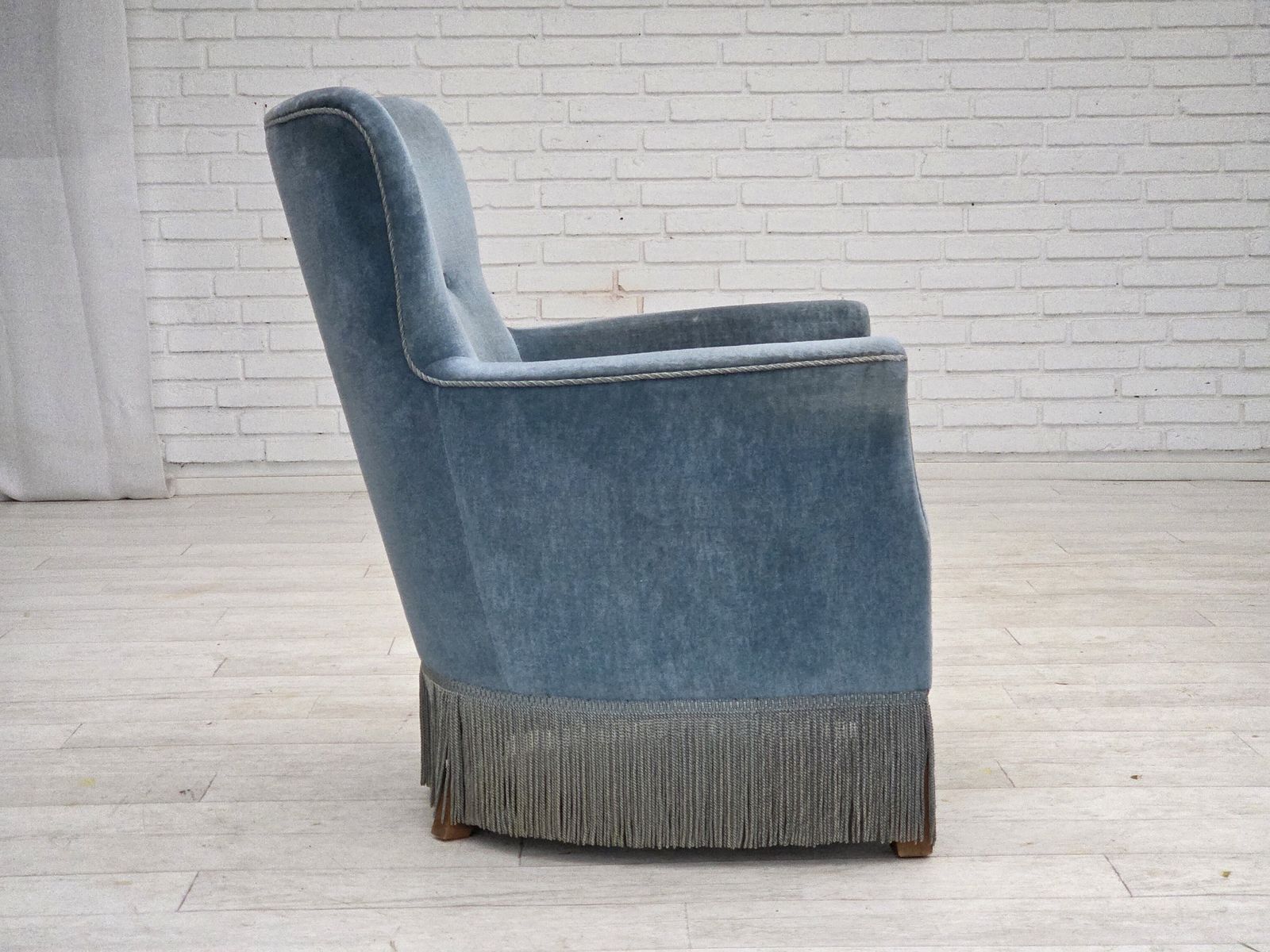1970s, Danish Armchair With Footstool, Blue Furniture Velour, Oak Wood Legs. photo vintage