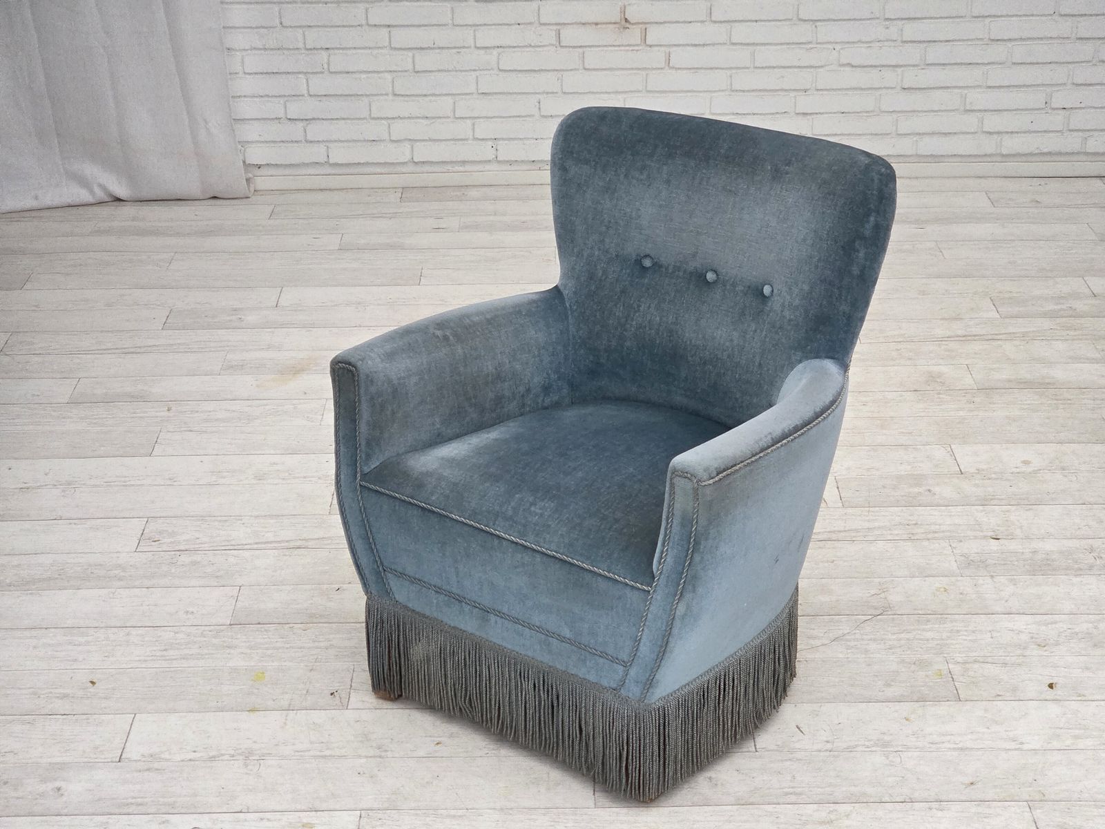 photo for sale 1970s, Danish Armchair With Footstool, Blue Furniture Velour, Oak Wood Legs.