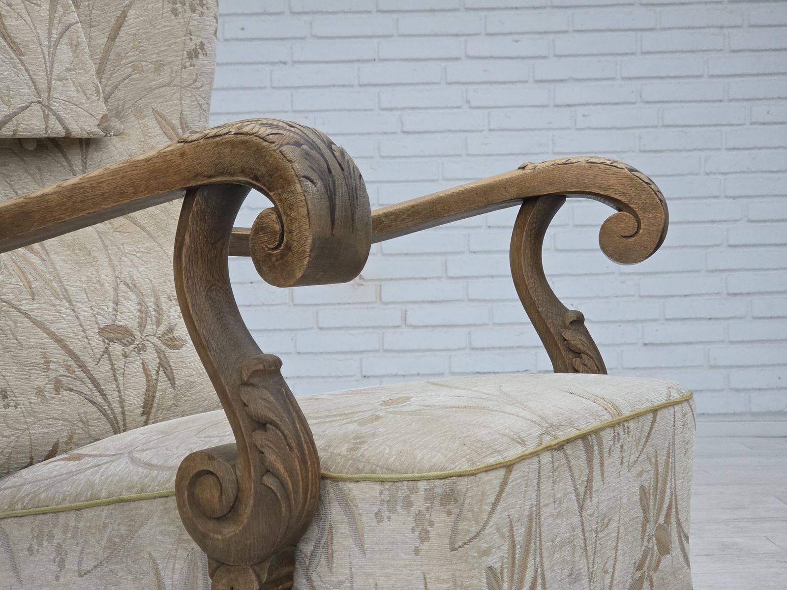 1960s, Danish Armchair, Beige/Brown Furniture Fabric, Carved Oak Wood. photo furniture